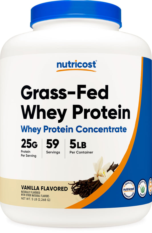Nutricost Grass-Fed Whey Vanilla bottle front for premium daily shakes.