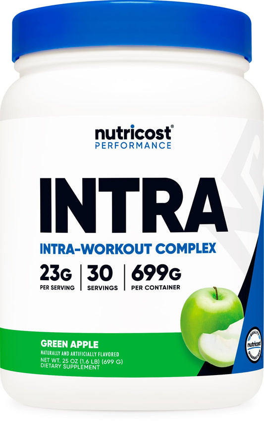Nutricost intra green apple powder bottle for refreshing energy during workouts.