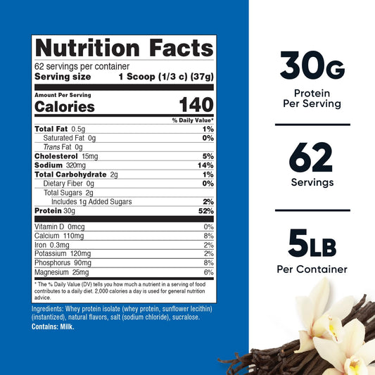 Nutricost Isolate Whey Vanilla serving scoop shows 30g protein per serving