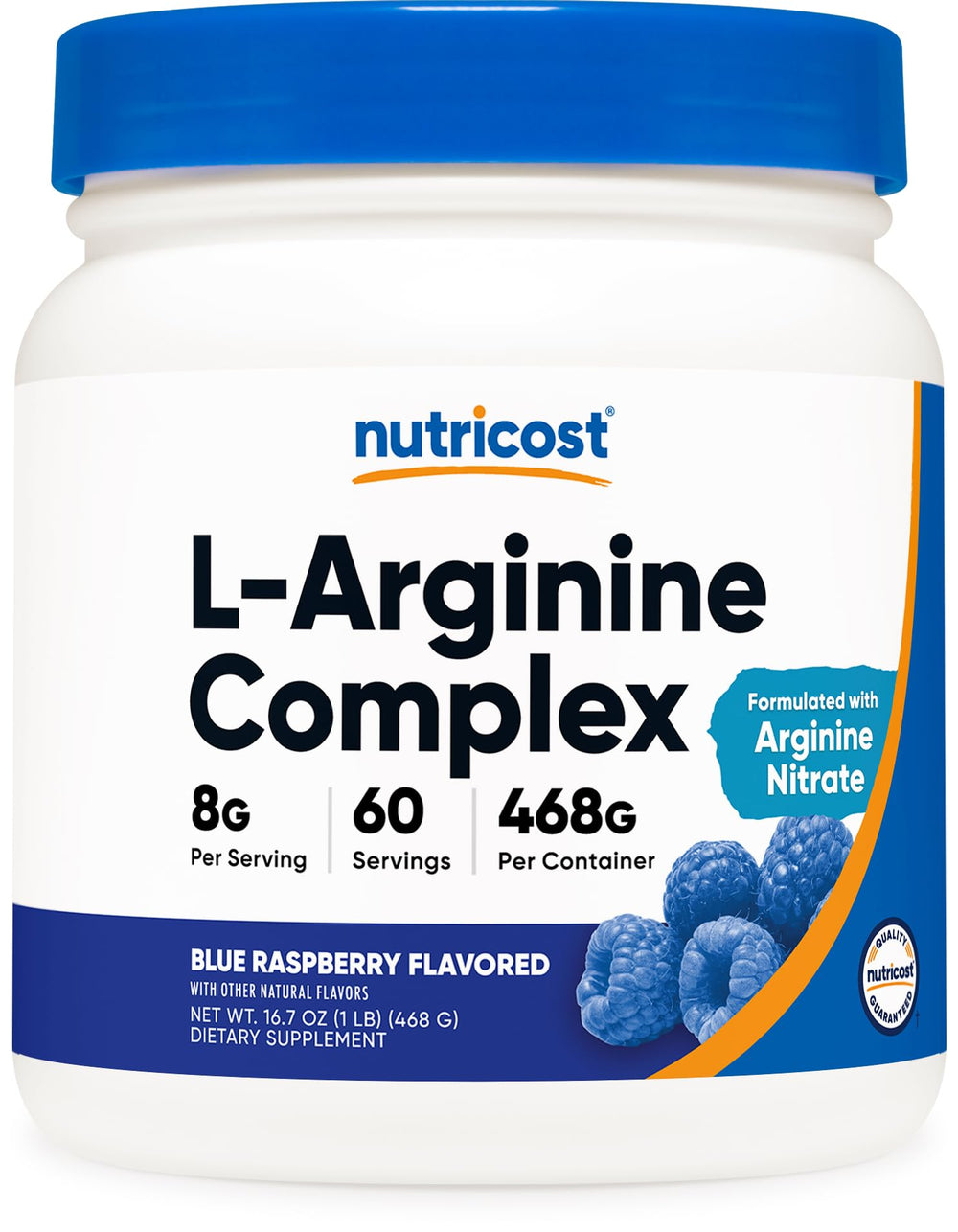 Nutricost L-Arginine Complex blue raspberry bottle front for workout readiness