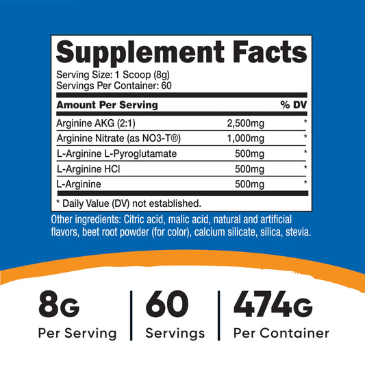 Nutricost L-Arginine Complex Blue Raspberry tub shown with training context.
