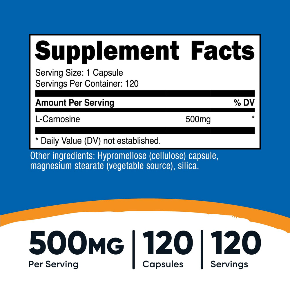 Close-up of Nutricost L-Carnosine capsules showing plant-based capsules