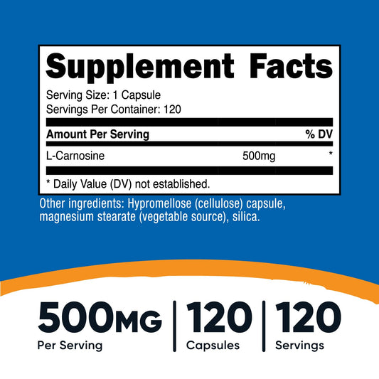 Close-up of Nutricost L-Carnosine capsules showing plant-based capsules