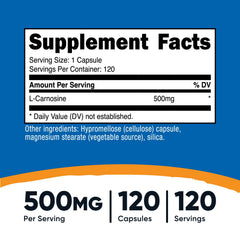 Close-up of Nutricost L-Carnosine capsules showing plant-based capsules