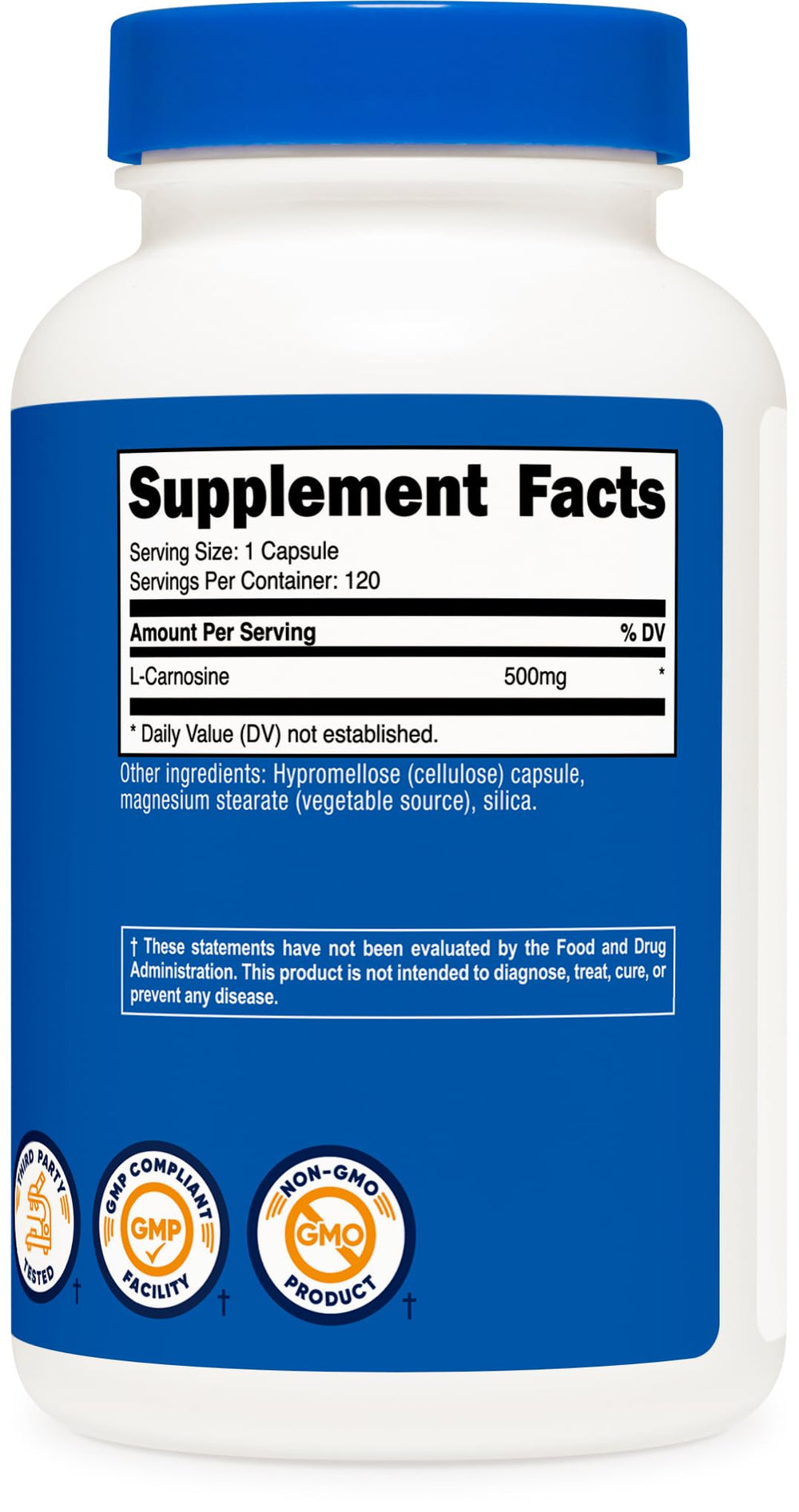 Back of Nutricost L-Carnosine bottle showing GMP and FDA registration