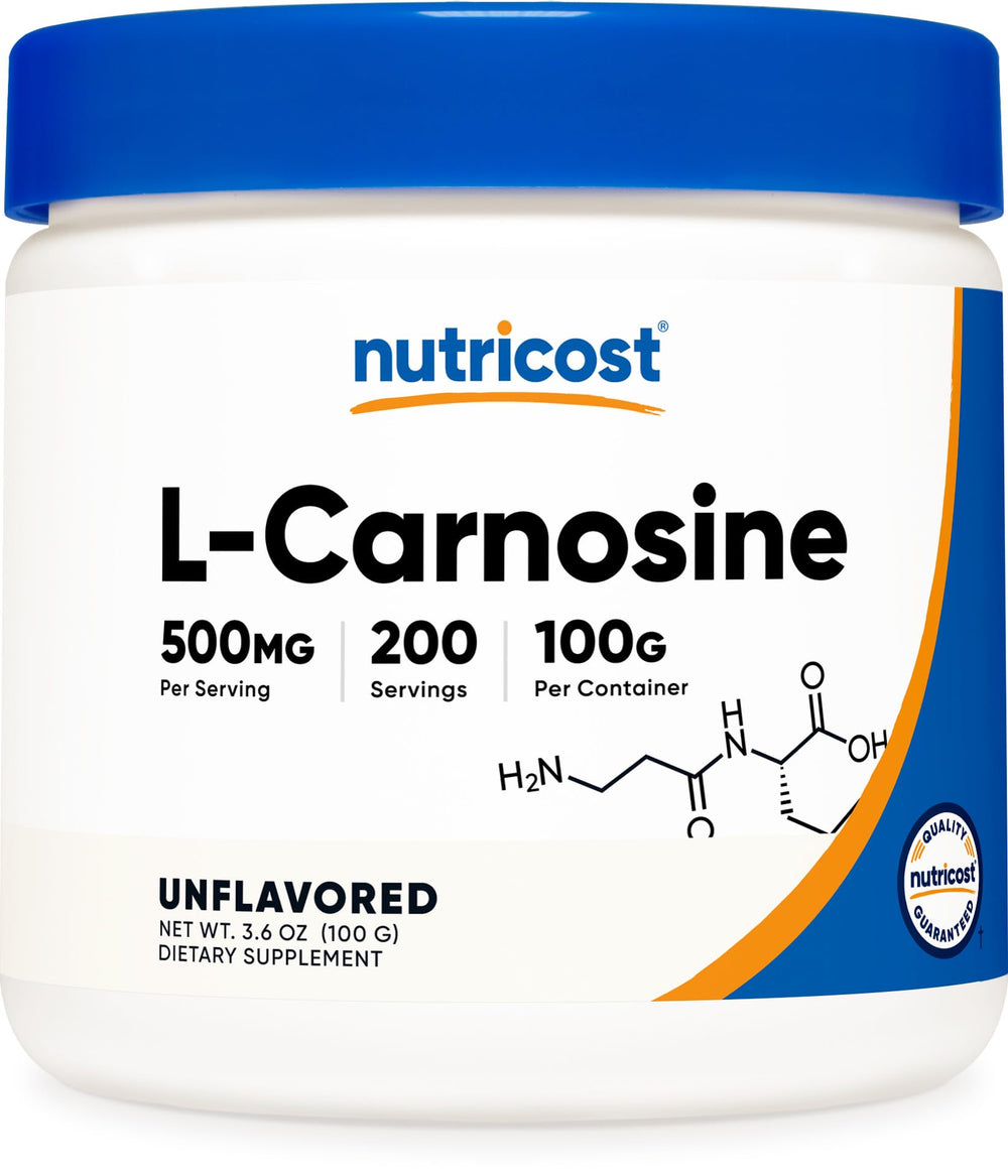 Nutricost L-Carnosine powder bottle for daily supplementation in non-GMO, gluten-free formula.