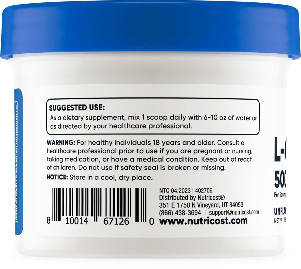 Nutricost L-Carnosine powder container label highlights 100 servings.