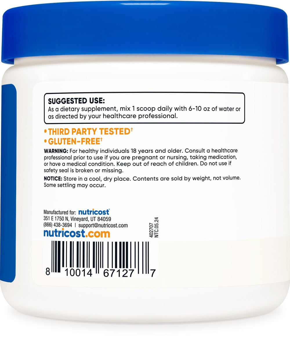 Nutricost L-Carnosine powder ingredients panel emphasizing non-GMO, third-party tested quality.