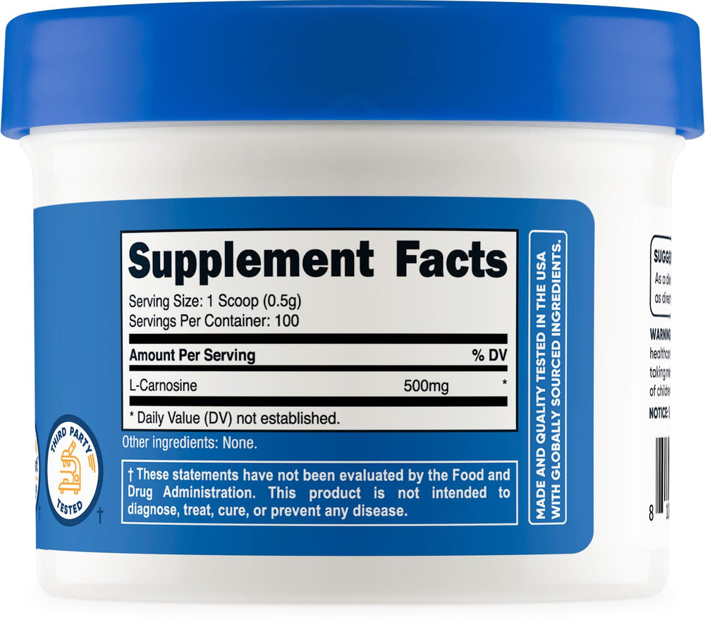 Nutricost L-Carnosine powder packaging demonstrates non-GMO and gluten-free quality.