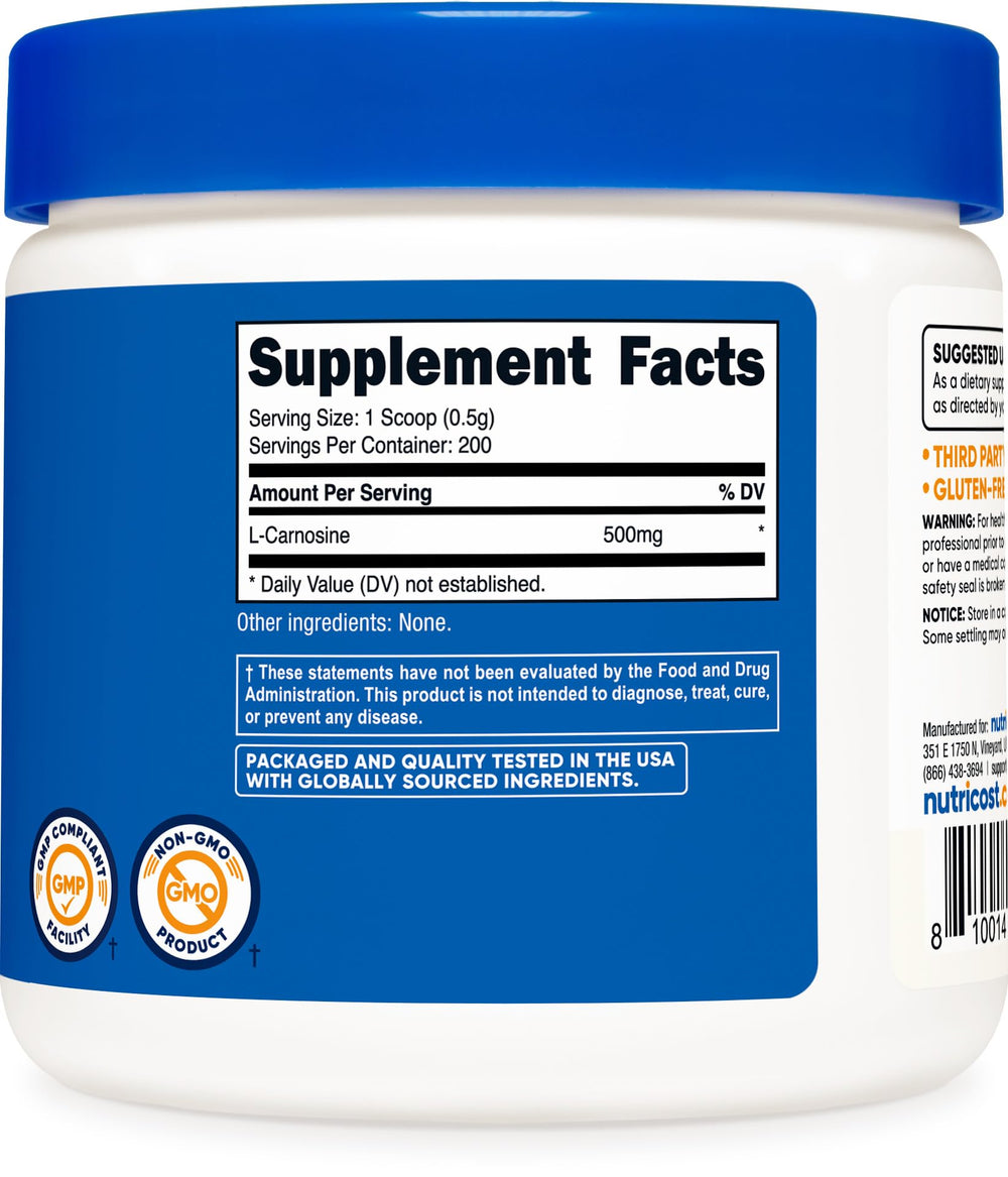 Nutricost L-Carnosine powder packaging display showcasing 200 servings per bottle.