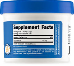 Nutricost L-Carnosine powder packaging demonstrates non-GMO and gluten-free quality.