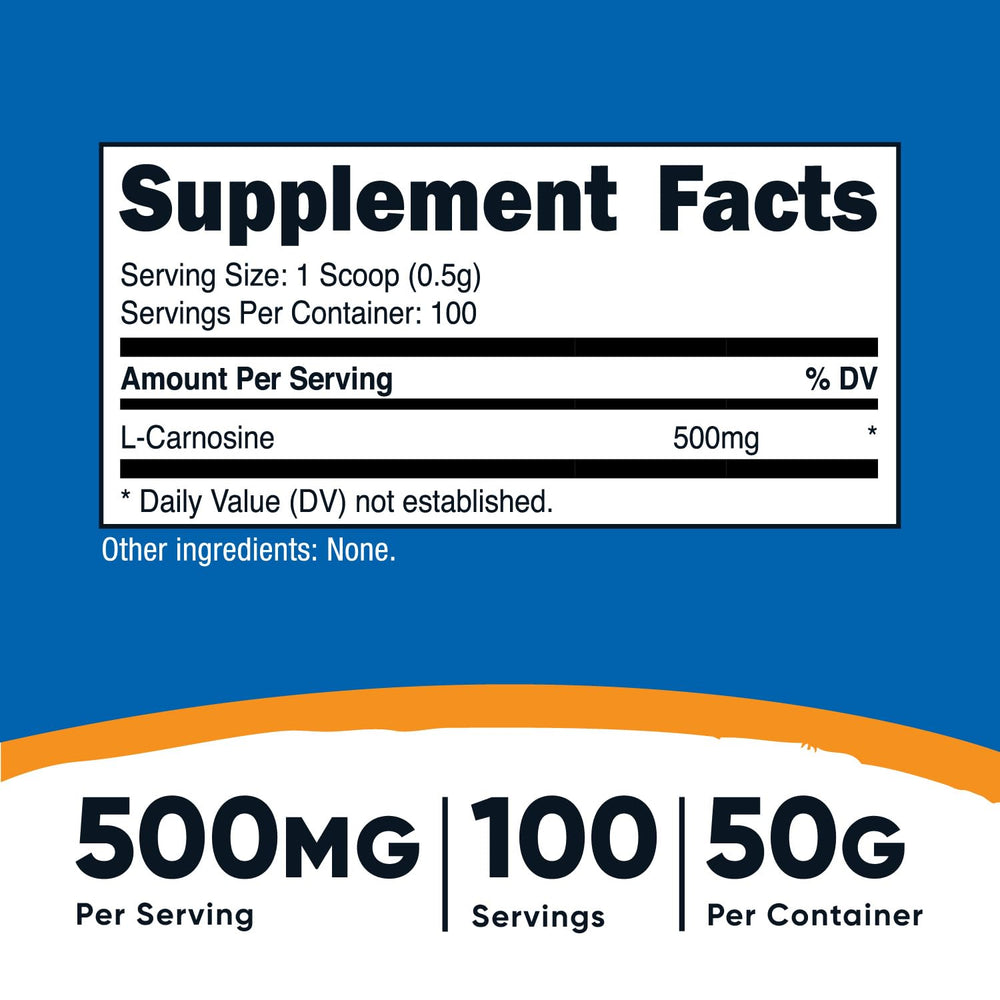Nutricost L-Carnosine powder scoop ensures precise 500 mg servings.