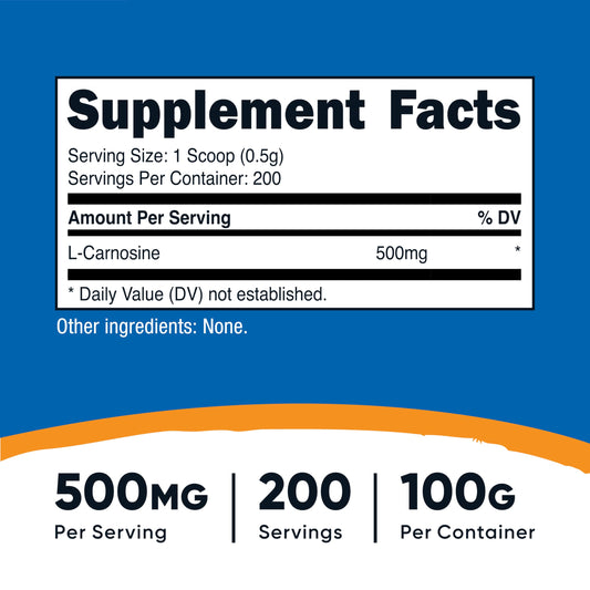 Nutricost L-Carnosine powder scoop shown for convenient 500 mg servings.