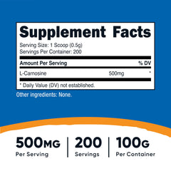 Nutricost L-Carnosine powder scoop shown for convenient 500 mg servings.