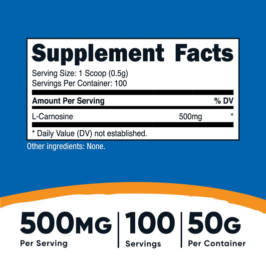 Nutricost L-Carnosine powder scoop ensures precise 500 mg servings.