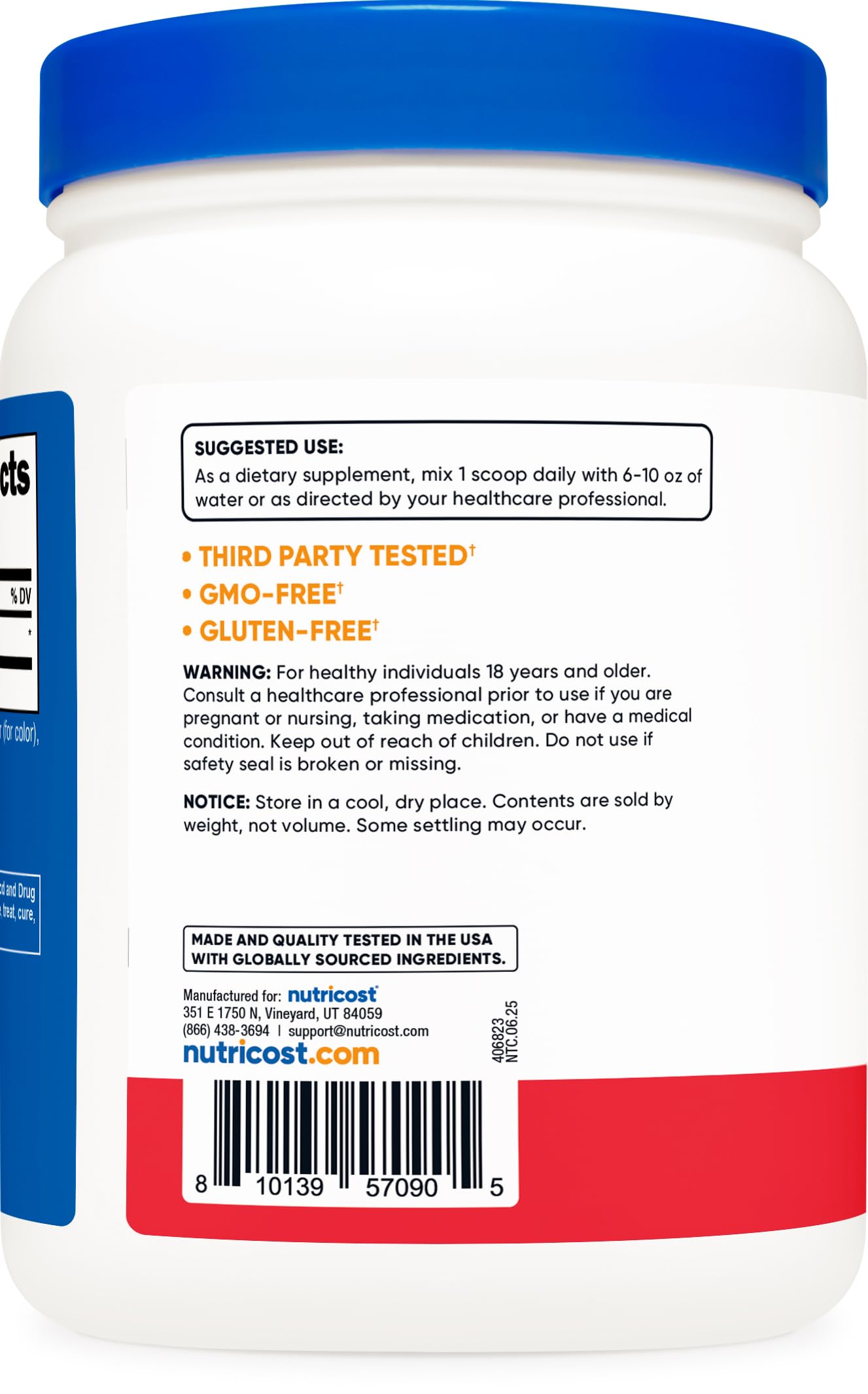 Nutricost bottle label emphasizing GMP quality and non-GMO promise
