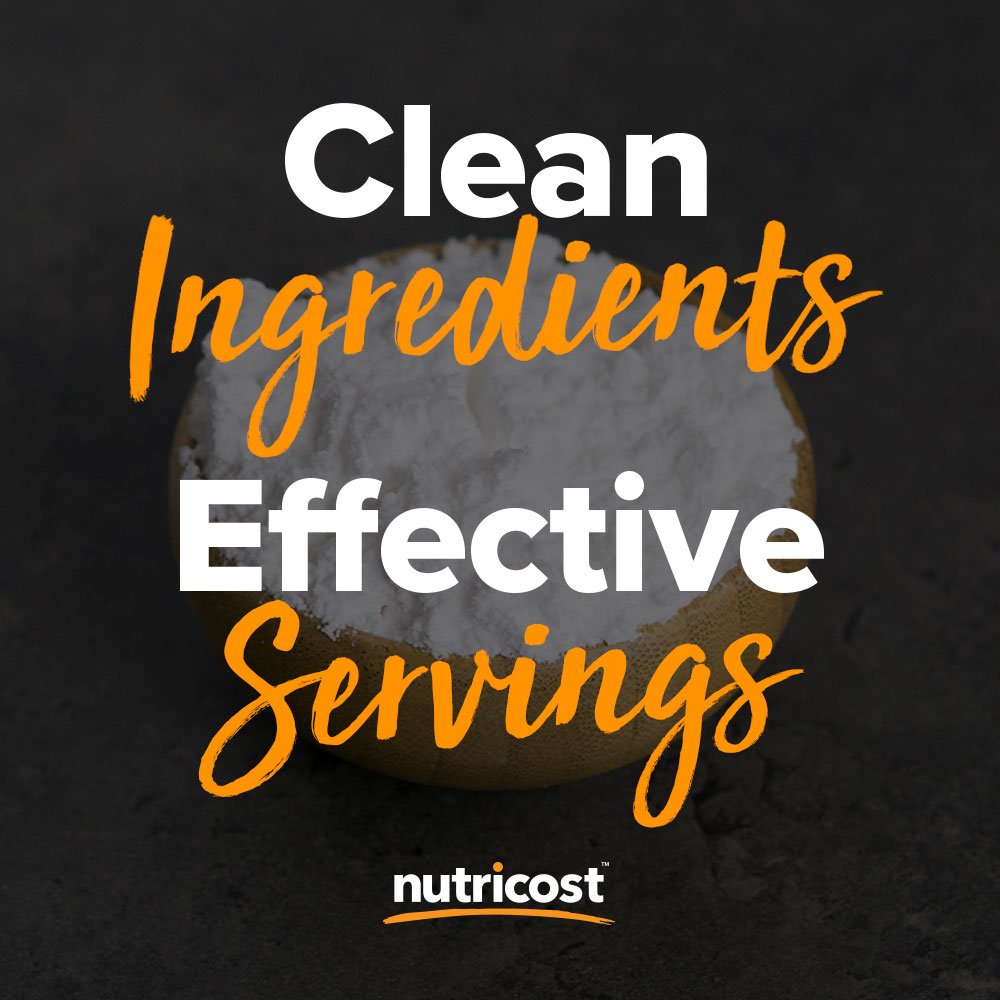 Nutricost L-Glutamine Powder tub highlighting vegan-friendly formula