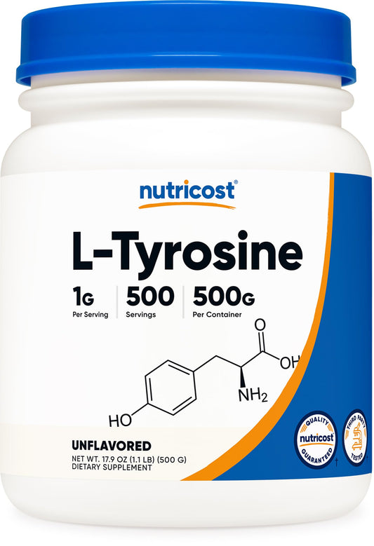 Nutricost L-Tyrosine powder bottle for daily supplement use.