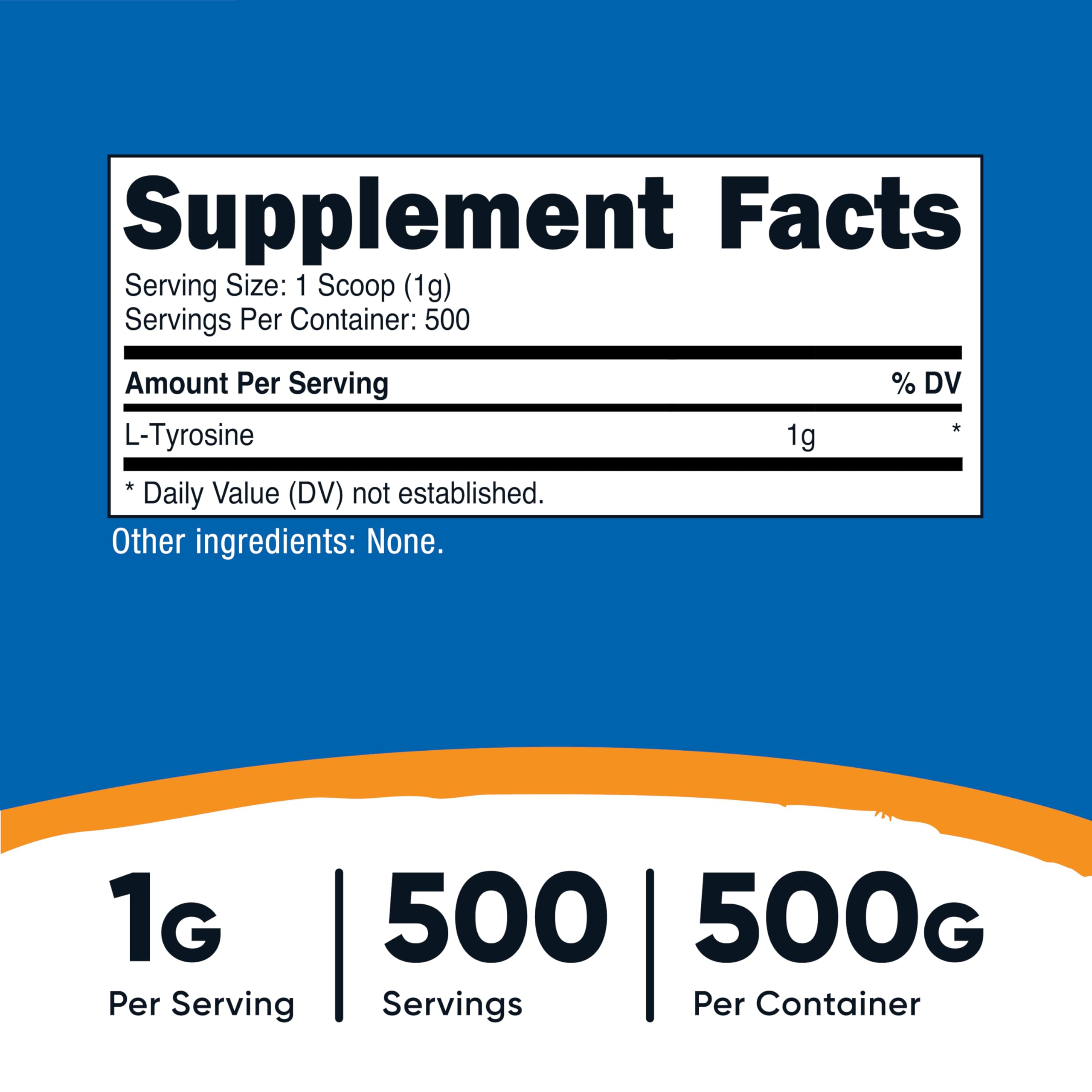 Close-up of L-Tyrosine powder scoop showing 1 g serving size.