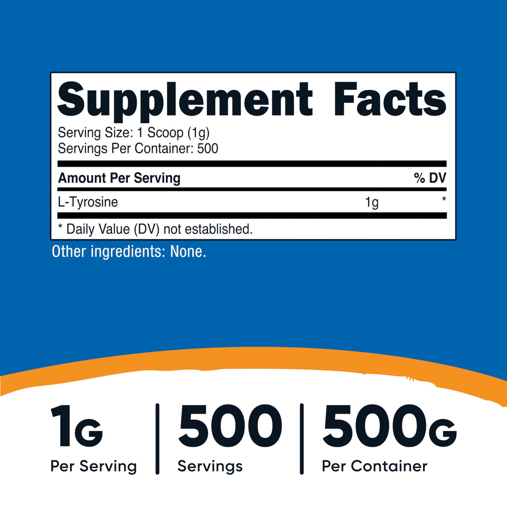 Close-up of L-Tyrosine powder scoop showing 1 g serving size.