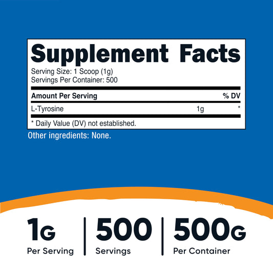 Close-up of L-Tyrosine powder scoop showing 1 g serving size.