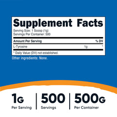 Close-up of L-Tyrosine powder scoop showing 1 g serving size.