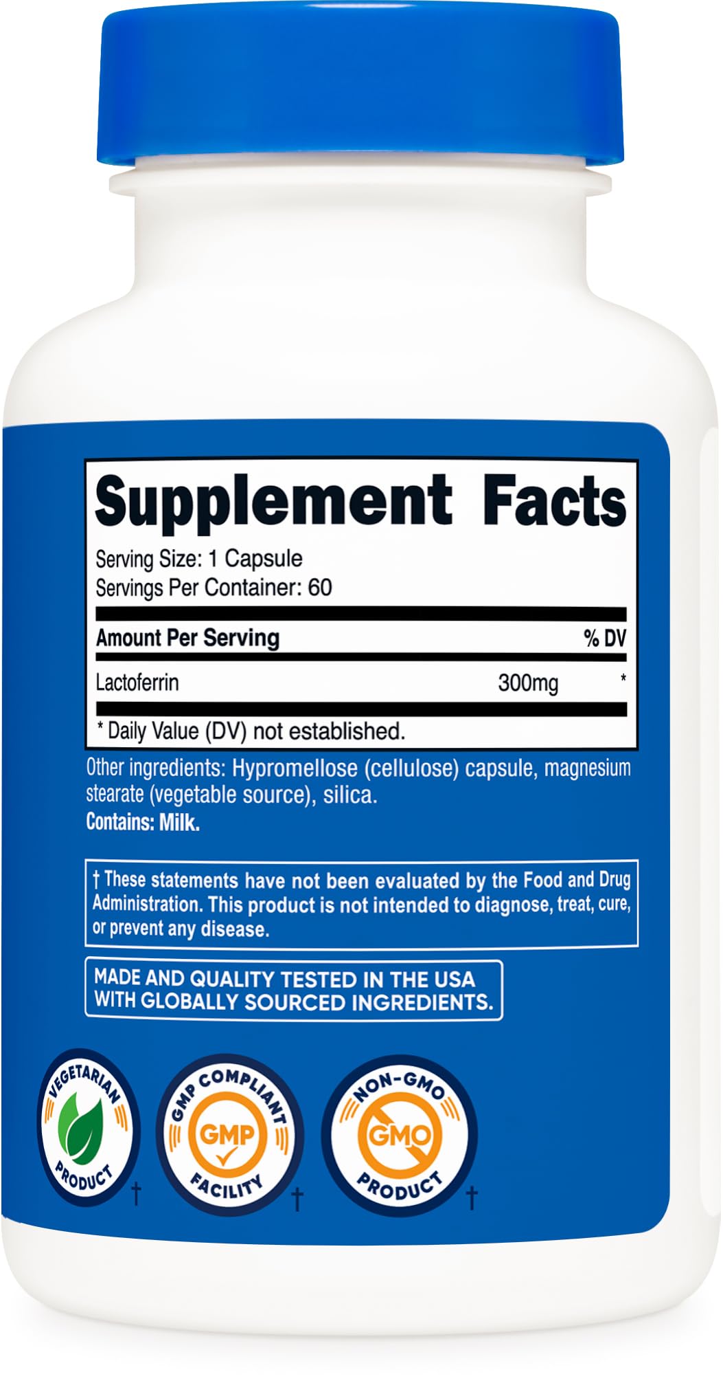 Nutricost Lactoferrin ingredients label indicating vegetarian-friendly GMP-standard manufacturing