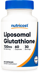 Nutricost Liposomal Glutathione bottle front with vegan, gluten-free daily wellness focus.