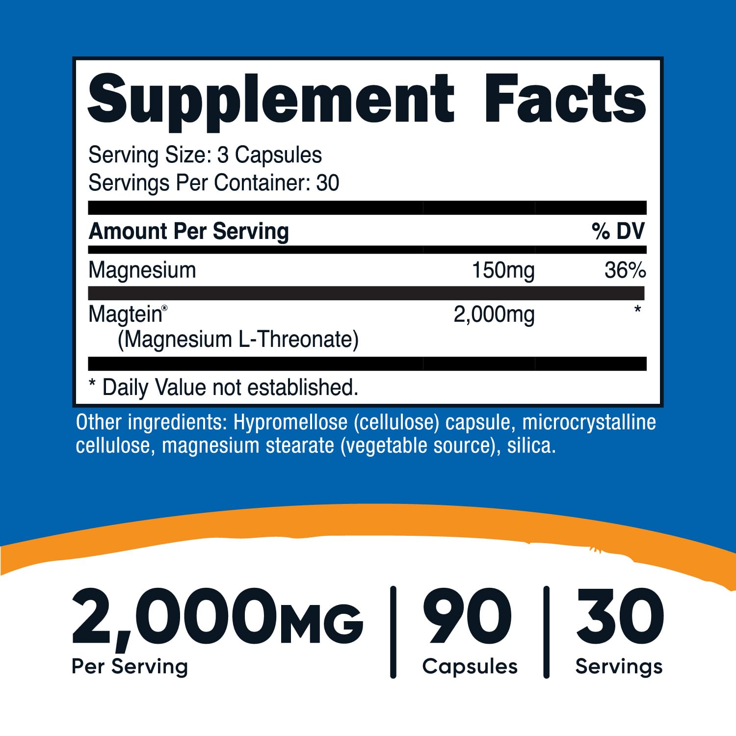Nutricost Magtein capsules close-up with 90-capsule monthly supply.