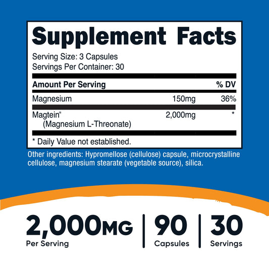 Nutricost Magtein capsules close-up with 90-capsule monthly supply.
