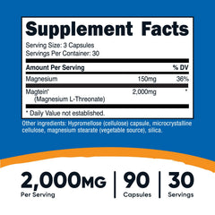 Nutricost Magtein capsules close-up with 90-capsule monthly supply.