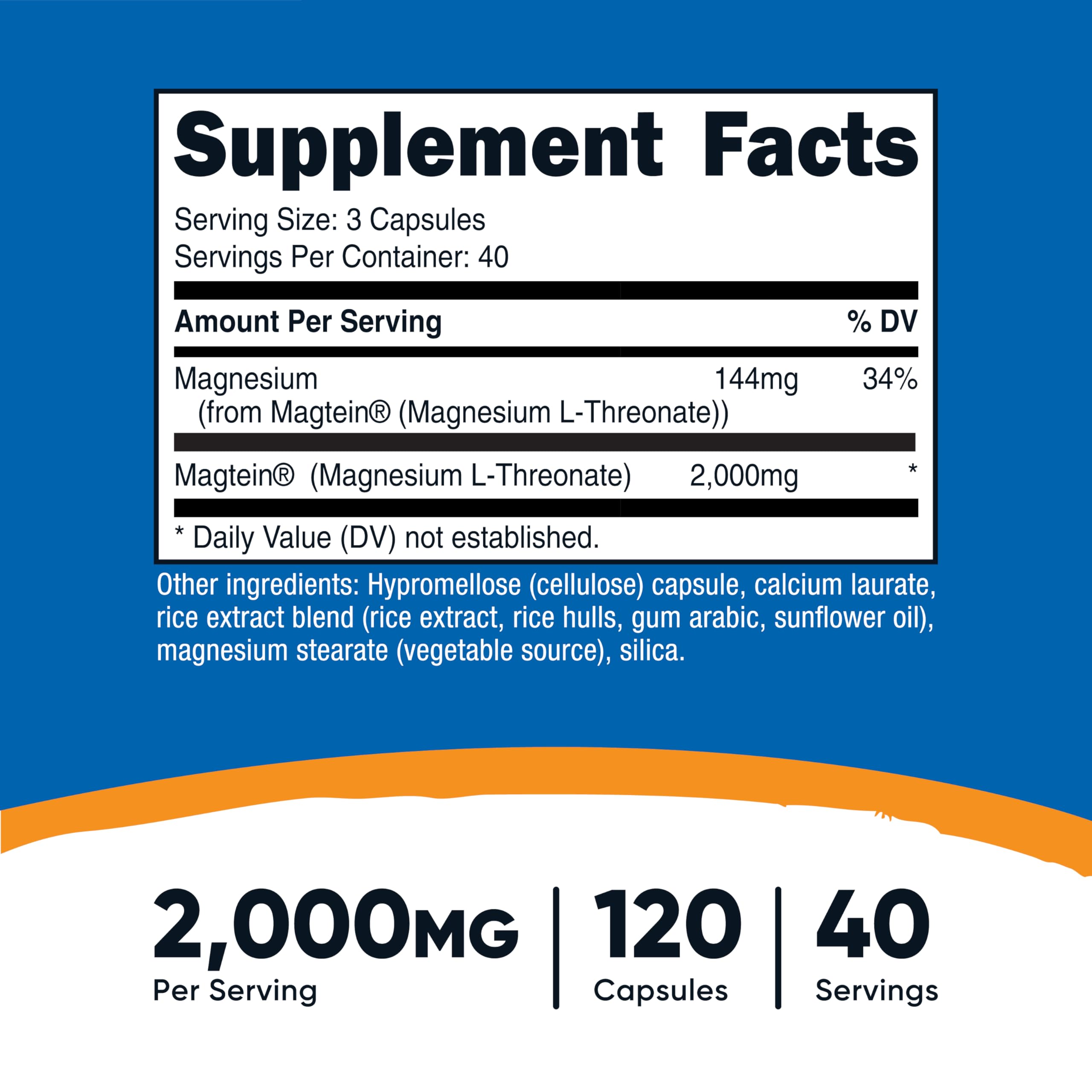 Nutricost Magtein label close-up showing 2,000 mg per serving