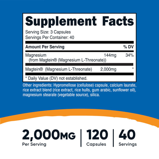 Nutricost Magtein label close-up showing 2,000 mg per serving