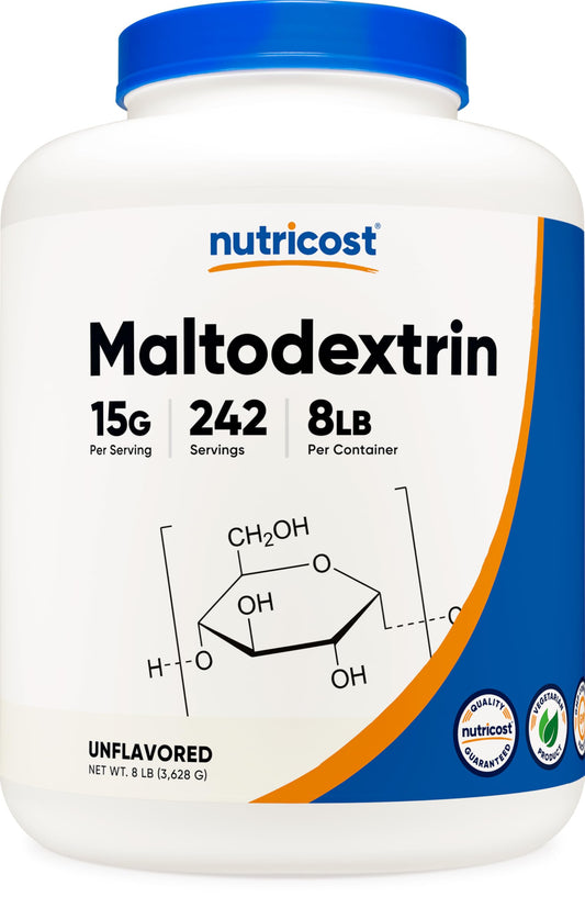 Nutricost Maltodextrin powder with scoop for post-workout energy support.