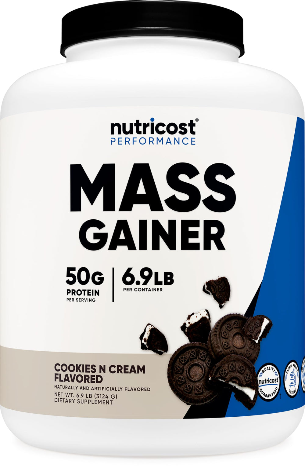 Nutricost Mass Gainer Cookies N Cream container on kitchen counter, protein-packed option for workouts.