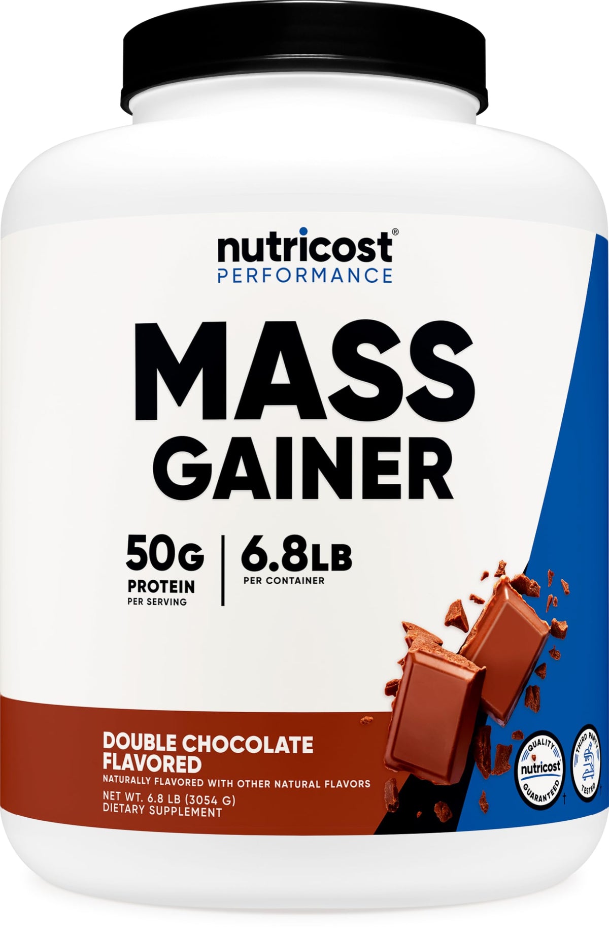 Nutricost Mass Gainer Double Chocolate container showing the 6.7 lb bottle for bulk training sessions