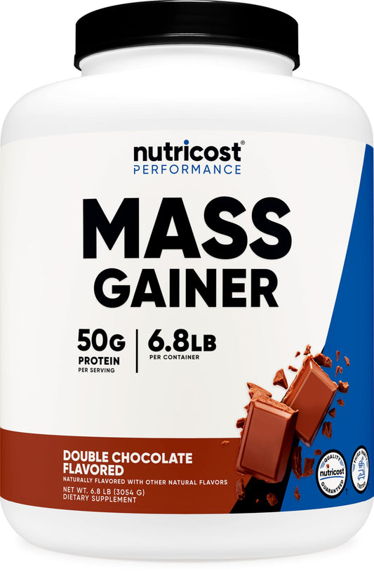 Nutricost Mass Gainer Double Chocolate container showing the 6.7 lb bottle for bulk training sessions