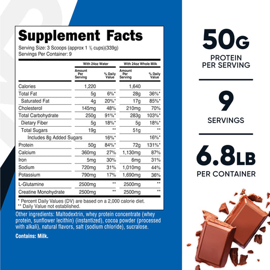 Nutricost Mass Gainer Double Chocolate scoop displaying 50 g protein per serving