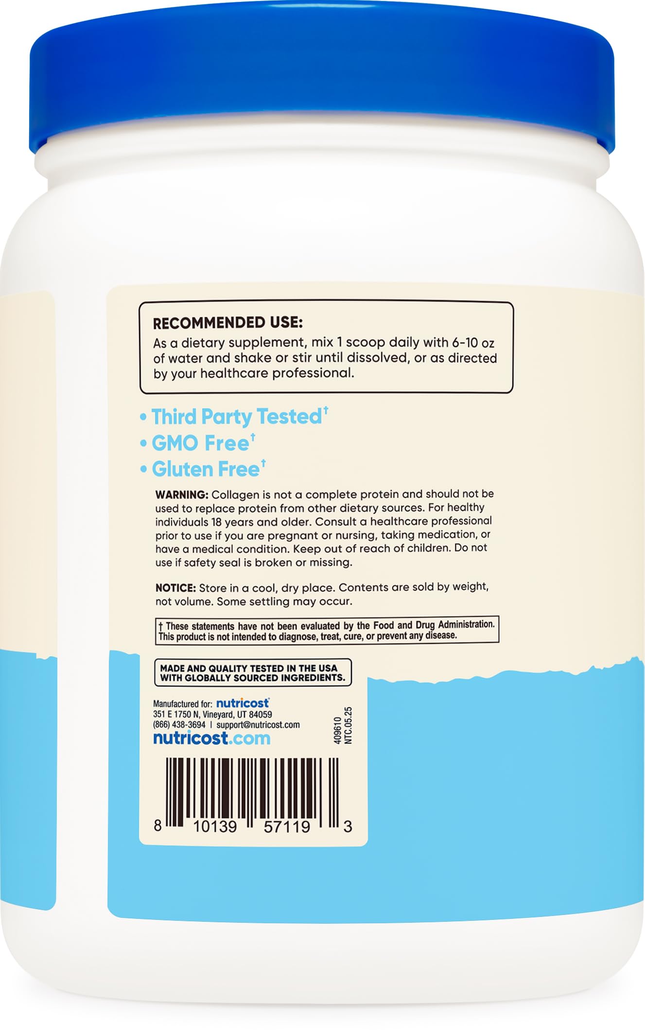 Close-up of Nutricost label highlighting biotin and hyaluronic acid for daily beauty support.