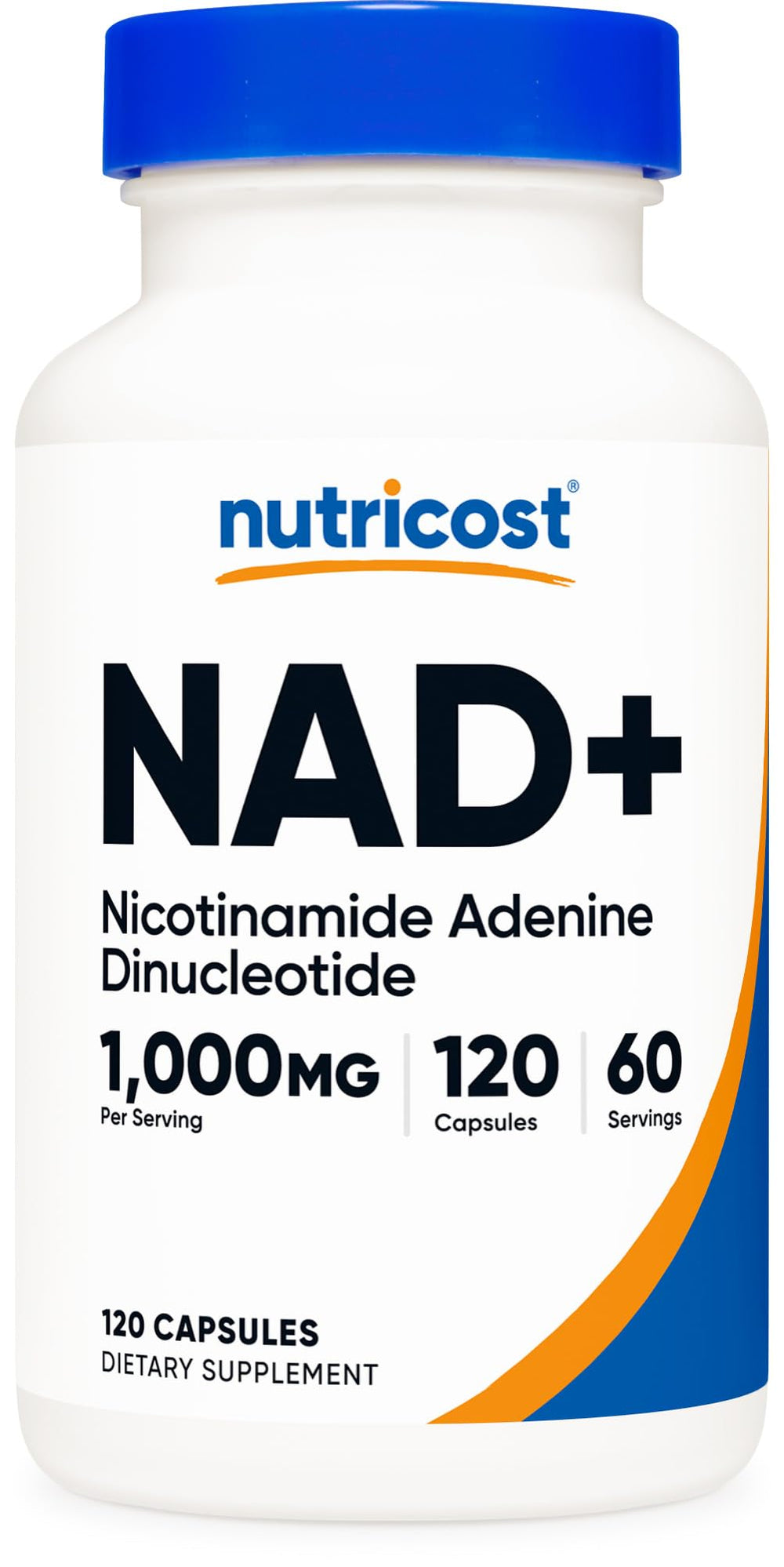 Nutricost NAD+ bottle shot highlighting 1,000 mg per serving for daily use