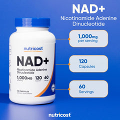 Nutricost NAD+ packaging design emphasizing vegan and gluten-free formulation