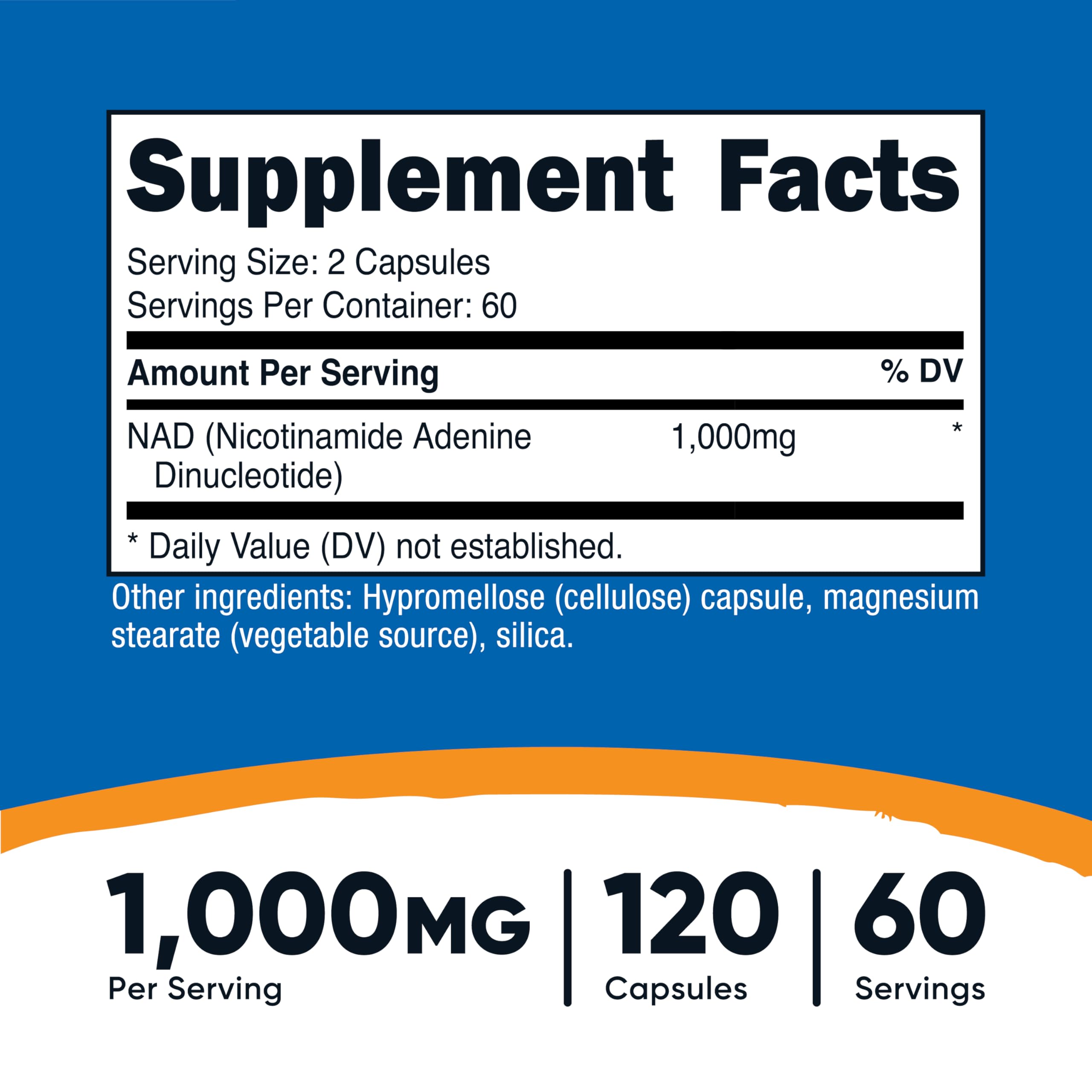 Nutricost NAD+ serving lineup showing 60 servings per bottle