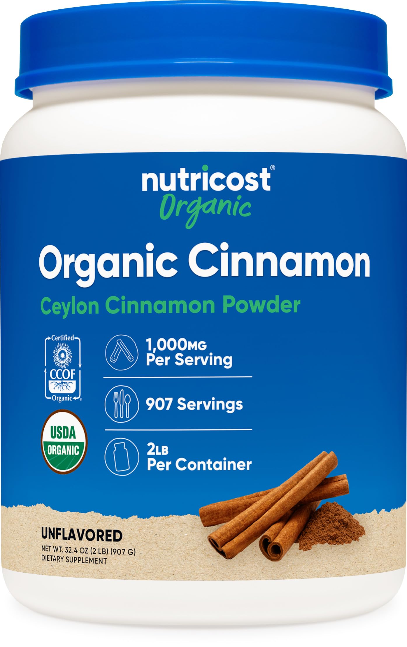 Nutricost Organic Ceylon Cinnamon Powder 2lb container for everyday baking.