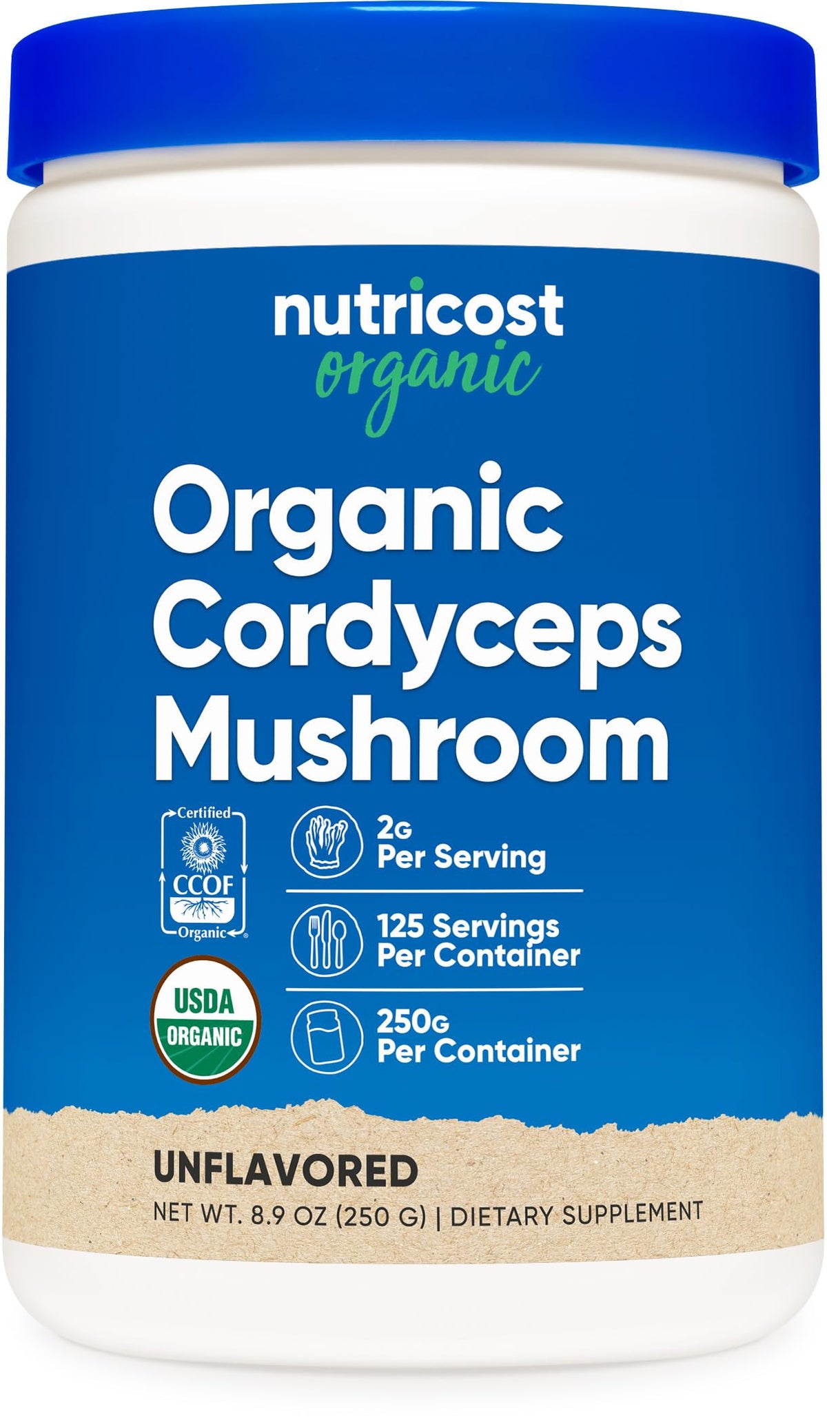 Nutricost Organic Cordyceps bottle, 250 g, ideal for daily supplement use.