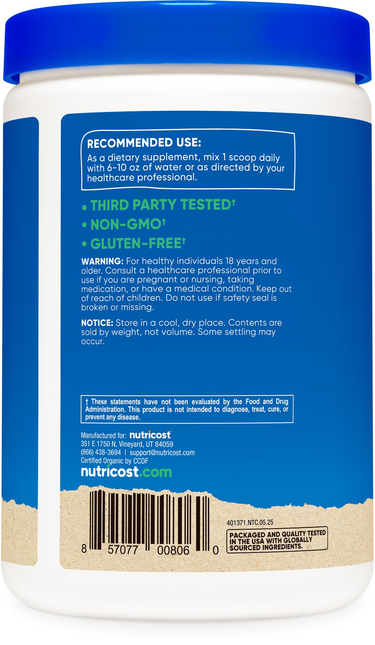 Nutricost Organic Cordyceps label highlights USDA Organic and testing seals.
