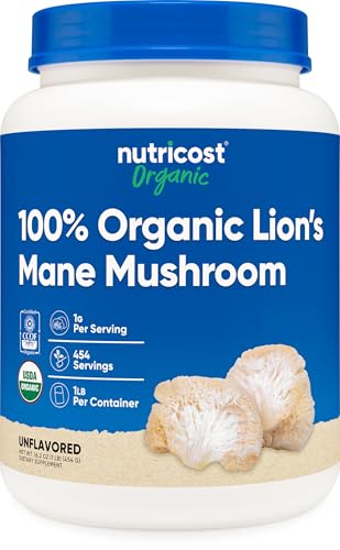 Nutricost Organic Lion's Mane powder in bottle for easy daily use and quality assurance.