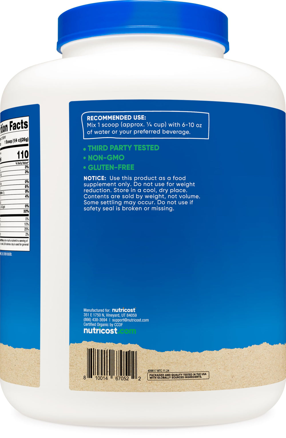 Nutricost Organic Pea Protein Isolate, Non-GMO and gluten-free for sensitive diets.