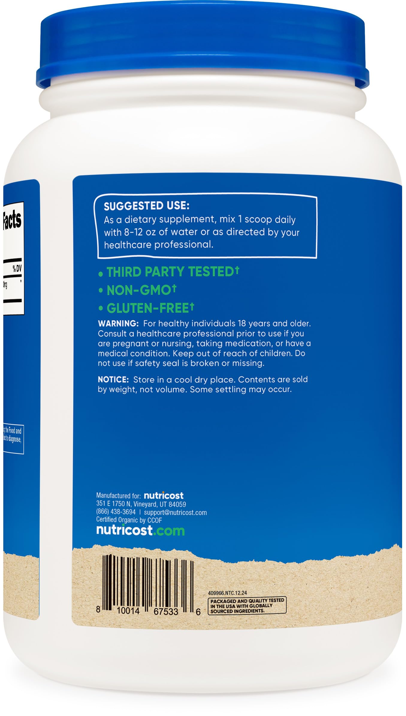 Nutricost spirulina label emphasizes organic, non-GMO, and third-party tested quality.