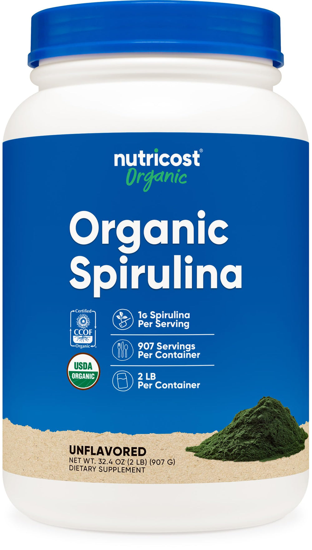 Nutricost Organic Spirulina bottle with scoop for easy daily greens.
