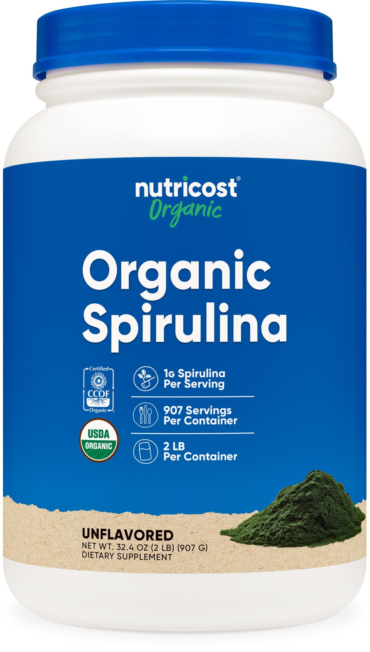Nutricost Organic Spirulina bottle with scoop for easy daily greens.